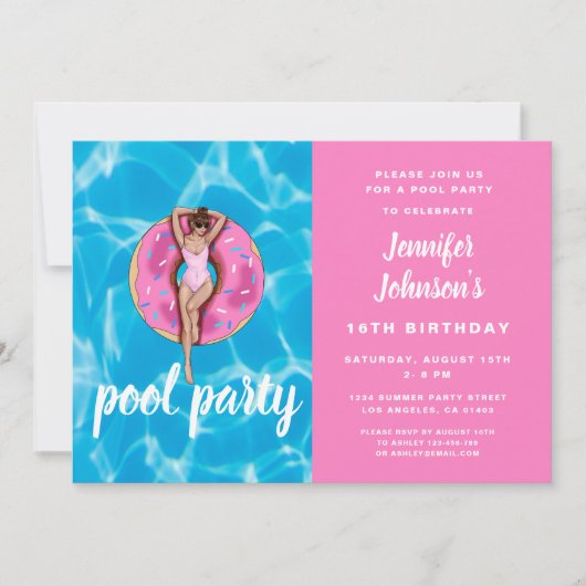 Invitation 16e anniversaire mignonne Pink Donut Summer Pool P (Devant)