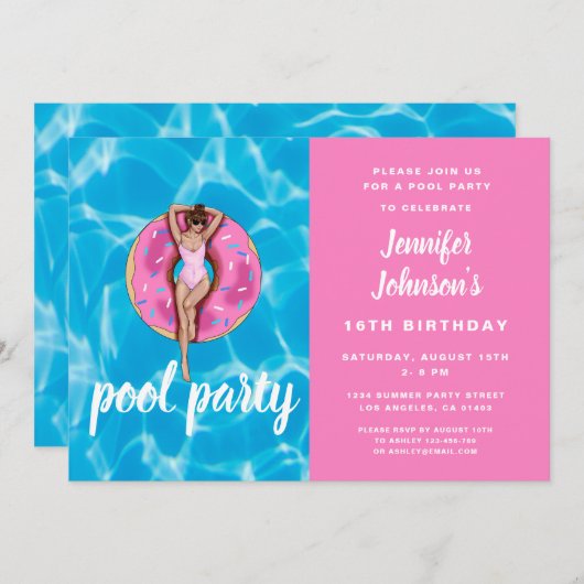 Invitation 16e anniversaire mignonne Pink Donut Summer Pool P (Devant / Derrière)