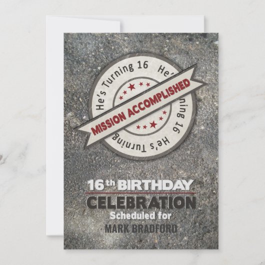Invitation 16e anniversaire, mission accomplie, (Devant)