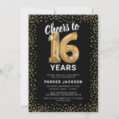 Invitation 16e anniversaire moderne Black Gold (Devant)