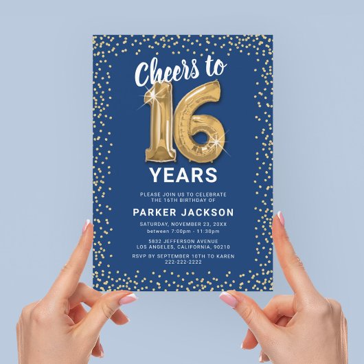 Invitation 16e anniversaire moderne Blue Gold