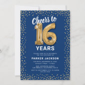 Invitation 16e anniversaire moderne Blue Gold (Devant)