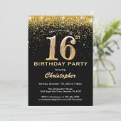 Invitation 16e anniversaire Noir et Parties scintillant d'or (Debout devant)