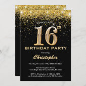 Invitation 16e anniversaire Noir et Parties scintillant d'or (Devant / Derrière)