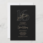 Invitation 16e Anniversaire Or Noir Luxe (Devant)