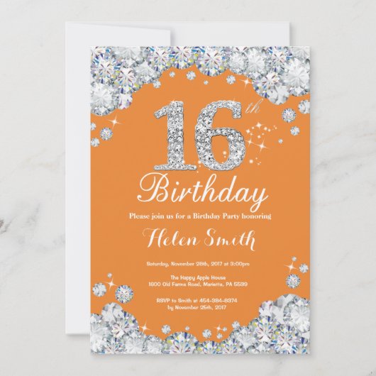 Invitation 16e anniversaire Orange et Silver Diamond (Devant)