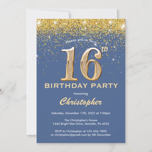 Invitation 16e anniversaire Parties scintillant bleue et or C (Devant)