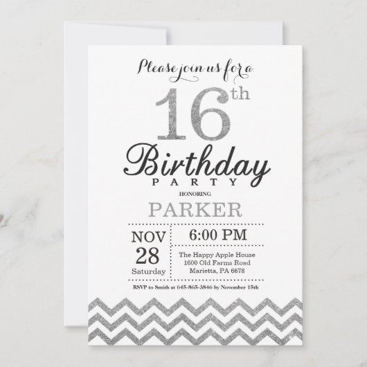 Invitation 16e anniversaire Parties scintillant d' (Devant)