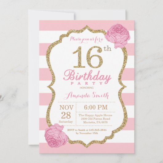 Invitation 16e anniversaire Pink and Gold Floral (Devant)