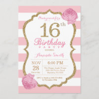 Invitation 16e anniversaire Pink and Gold Floral