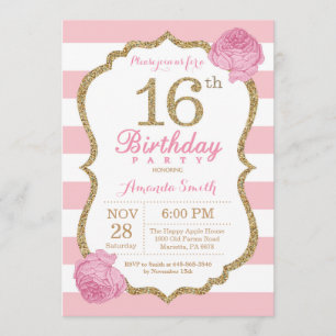 Invitation 16e anniversaire Pink and Gold Floral