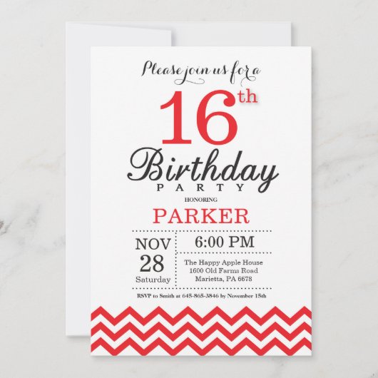 Invitation 16e anniversaire Red Chevron (Devant)