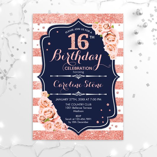 Invitation 16e anniversaire - Rose de la marine Gold et White