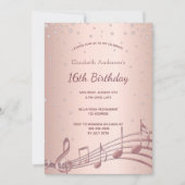 Invitation 16e anniversaire rose diamants or musique (Devant)