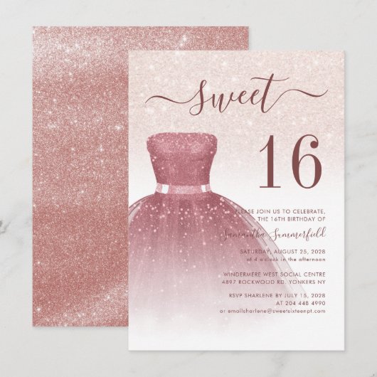 Invitation 16e anniversaire Rose Gold Glam Seize anniversaire (Devant / Derrière)