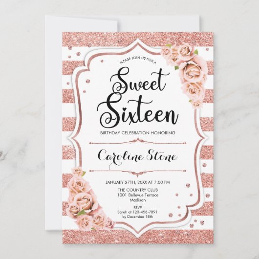 Invitation 16e anniversaire - Rose Gold White Stripes Floral (Devant)