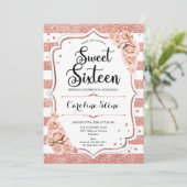 Invitation 16e anniversaire - Rose Gold White Stripes Floral (Debout devant)