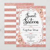 Invitation 16e anniversaire - Rose Gold White Stripes Floral (Devant / Derrière)