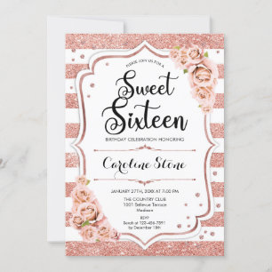 Invitation 16e anniversaire - Rose Gold White Stripes Floral