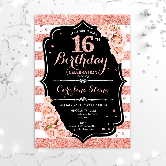 Invitation 16e anniversaire Rose noir Gold et Blancs
