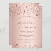 Invitation 16e anniversaire rose or étoiles sprinkle (Devant / Derrière)