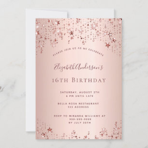Invitation 16e anniversaire rose or étoiles sprinkle