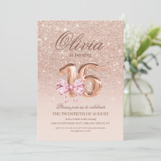 Invitation 16e anniversaire Rose rose or bow fête d'anniversa