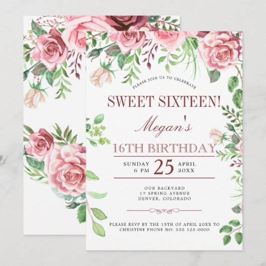 Invitation 16e anniversaire Rose rose Roses Chic Sweet sixtee (Devant / Derrière)