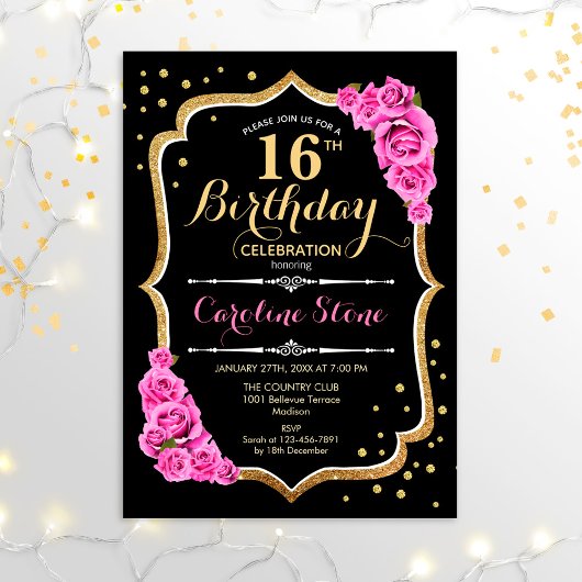Invitation 16e anniversaire - Roses roses roses noires d'or