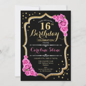 Invitation 16e anniversaire - Roses roses roses noires d'or (Devant)