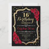 Invitation 16e anniversaire - Roses rouges d'or noir (Devant)