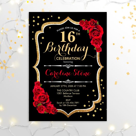 Invitation 16e anniversaire - Roses rouges d'or noir