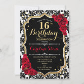 Invitation 16e anniversaire - Roses rouges d'or noir (Devant)