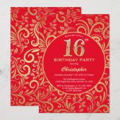 Invitation 16e anniversaire Rouge et or modèle floral (Devant / Derrière)