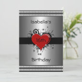Invitation 16e anniversaire Rouge Noir Coeur Floral Argent (Debout devant)