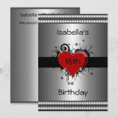 Invitation 16e anniversaire Rouge Noir Coeur Floral Argent (Devant / Derrière)