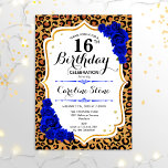 Invitation 16e anniversaire - Royal Blue Gold Empreinte de lé<br><div class="desc">Invitation du 16e anniversaire. Elégant design blanc bleu royal avec faux or parties scintillant. Caractéristiques leopard cheetah poster de animal,  police de script et saphir bleu roses. Parfait pour une soirée d'anniversaire élégante. Peut être personnalisé dans n'importe quelle année! Message-moi si vous avez besoin d'une personnalisation plus poussée.</div>