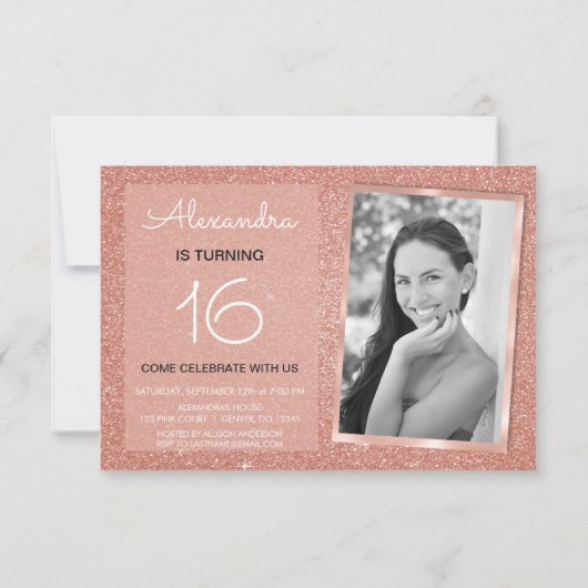 Invitation 16e anniversaire Sparkle Rose Gold Blush Pink Phot (Dos)