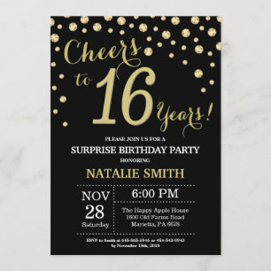 Invitation 16e anniversaire surprise Diamant noir et or