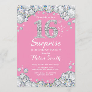 Invitation 16e anniversaire surprise Diamant rose et argent
