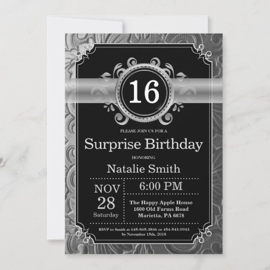 Invitation 16e anniversaire surprise Parties scintillant noir (Devant)