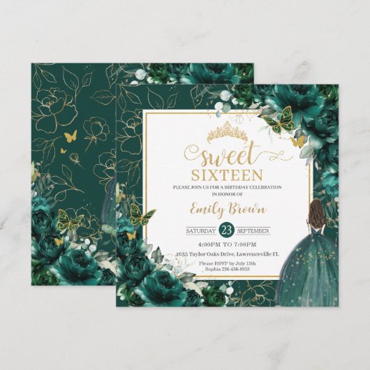 Invitation 16e anniversaire Sweet 16 Emerald Green Floral Inv (Devant / Derrière)