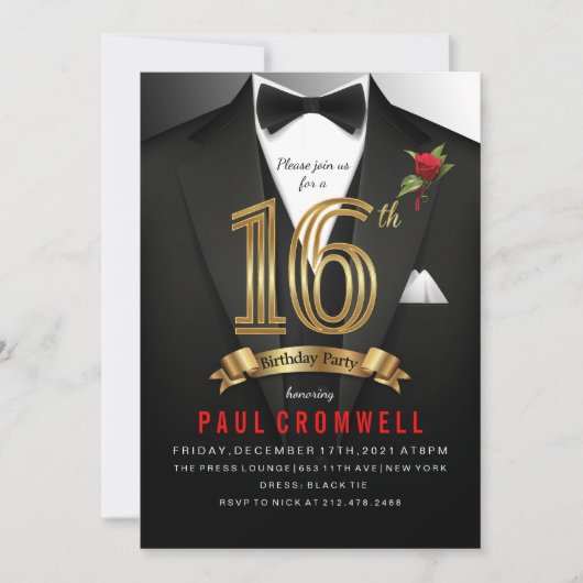 Invitation 16e Anniversaire Sweet 16 Smoking (Devant)