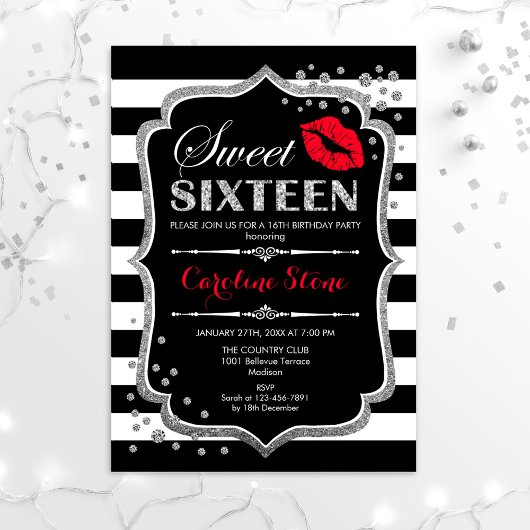 Invitation 16e anniversaire - Sweet sixteen Black Red Silver
