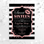 Invitation 16e anniversaire - Sweet sixteen Black Rose Gold<br><div class="desc">Invitation d'anniversaire du sweet sixteen. Elégant design noir blanc avec fausse parties scintillant rose or. Comprend baiser des lèvres roses,  bandes blanches noires,  confettis et police de script. Parfait pour une soirée de 16e anniversaire. Message-moi si vous avez besoin d'une personnalisation plus poussée.</div>