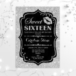 Invitation 16e anniversaire - Sweet sixteen Black Silver<br><div class="desc">Invitation d'anniversaire du sweet sixteen. Design élégant noir blanc avec fausse parties scintillant argent. Comprend des lèvres baiser,  confetti et police de script. Parfait pour une soirée de 16e anniversaire. Message-moi si vous avez besoin d'une personnalisation plus poussée.</div>