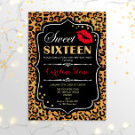 Invitation 16e anniversaire - Sweet sixteen Empreinte de léop<br><div class="desc">Invitation d'anniversaire du sweet sixteen. Elégant design noir blanc avec faux or parties scintillant et motif empreinte de léopard. Comprend des lèvres rouges baiser,  confetti et police de script. Parfait pour une soirée de 16e anniversaire. Message-moi si vous avez besoin d'une personnalisation plus poussée.</div>