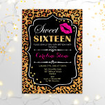 Invitation 16e anniversaire - Sweet sixteen Empreinte de léop<br><div class="desc">Invitation d'anniversaire du sweet sixteen. Elégant design noir blanc avec faux or parties scintillant et motif empreinte de léopard. Comprend des lèvres roses baiser,  confetti et police de script. Parfait pour une soirée de 16e anniversaire. Message-moi si vous avez besoin d'une personnalisation plus poussée.</div>