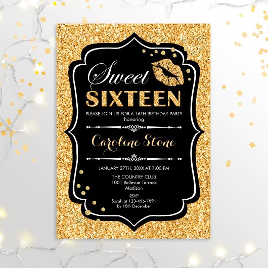 Invitation 16e anniversaire - Sweet sixteen Gold Black