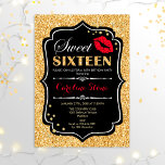 Invitation 16e anniversaire - Sweet sixteen Gold Noir Rouge<br><div class="desc">Invitation d'anniversaire du sweet sixteen. Elégant design noir blanc avec parties scintillant en or. Comprend des lèvres rouges baiser,  confetti et police de script. Parfait pour une soirée de 16e anniversaire. Message-moi si vous avez besoin d'une personnalisation plus poussée.</div>